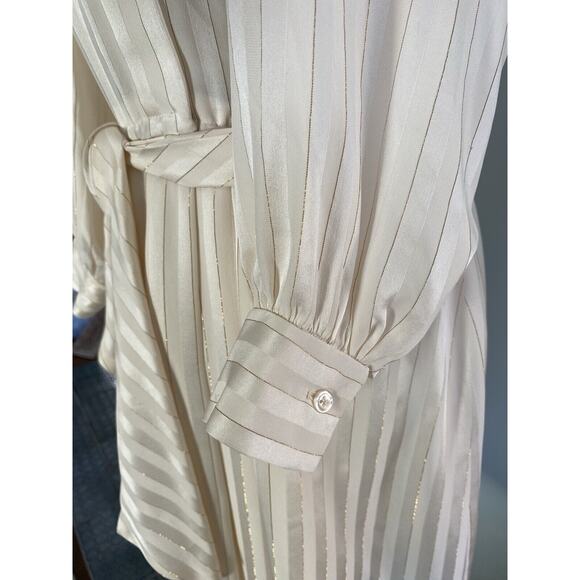 Pure Silk Vintage Ivory Gold Pinstripe Silk Collared Shirt Dress - Est Size 8 - Picture 3 of 8